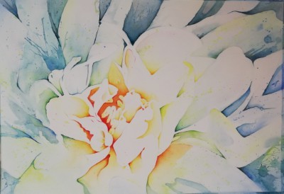 Aquarellbild einer abstrakter Irisblüten in Blautönen